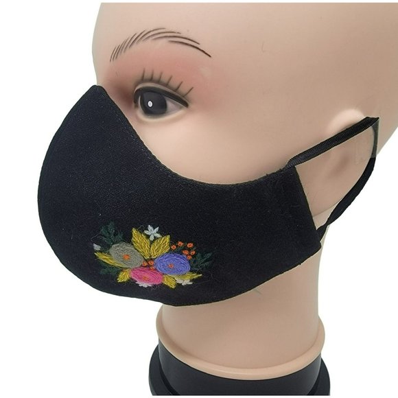 New Face cover ear loop black Mask Women's Embroidered handmade  bouquet flowers - Picture 1 of 6